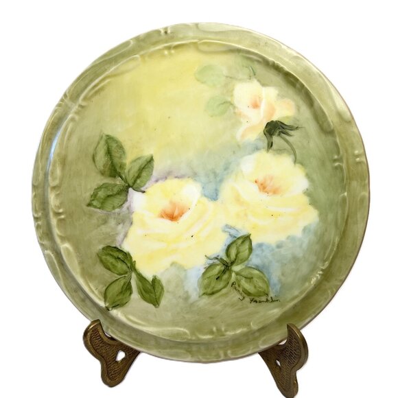 Hand-Painted Vintage Green Floral Trivet Signed Pansy Franklin Porcelain Roses - Picture 1 of 5